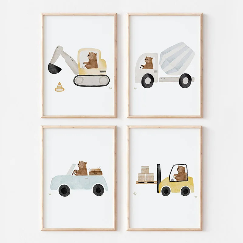 Baby Nursery Art - Cute Boho Bear Crane Excavator Tractor
