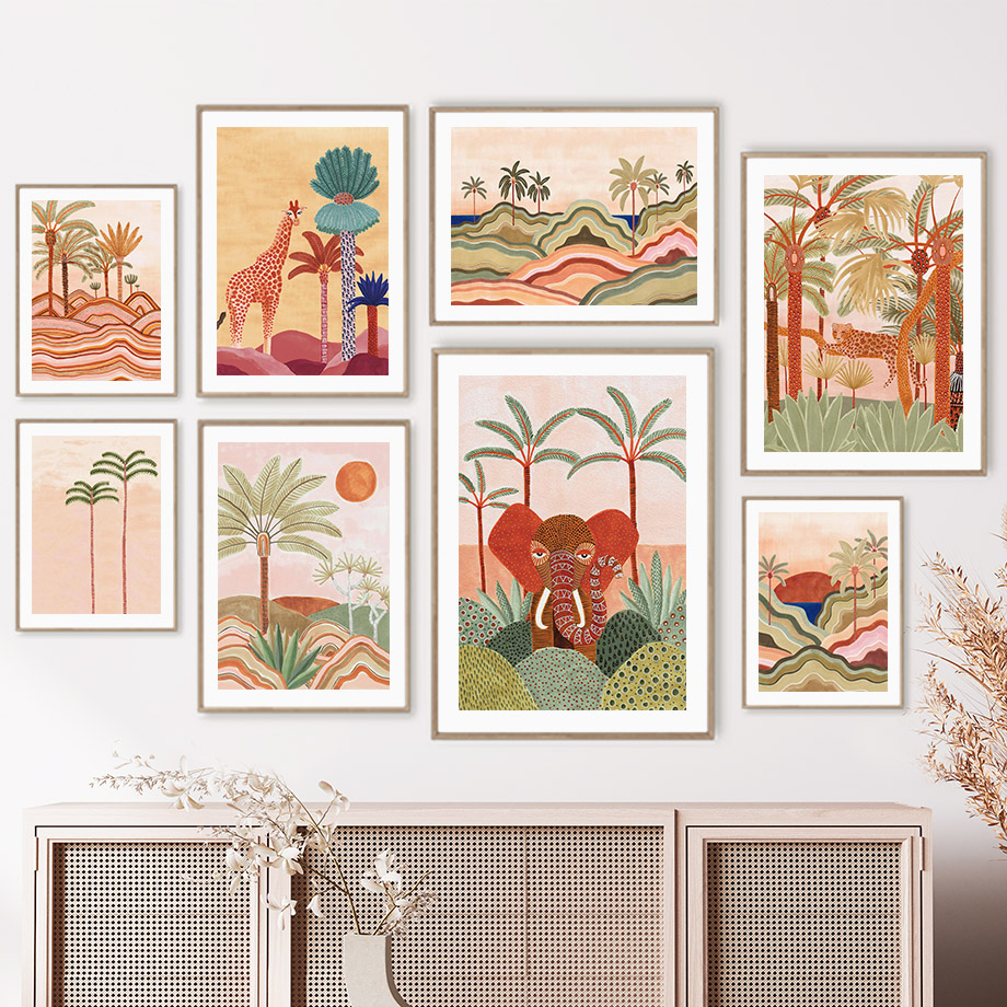 Baby Nursery Wall Art - Watercolor Tropical Tree Giraffe Elephant Boho