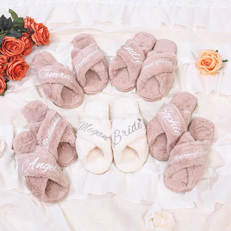 Baby Nursery Gifts - Personalized Bridesmaid Fluffy Slippers, Custom Bride
