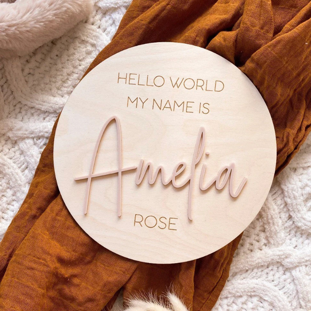 Baby Nursery Name Sign - Personalised Wooden Hello World Name Plaque