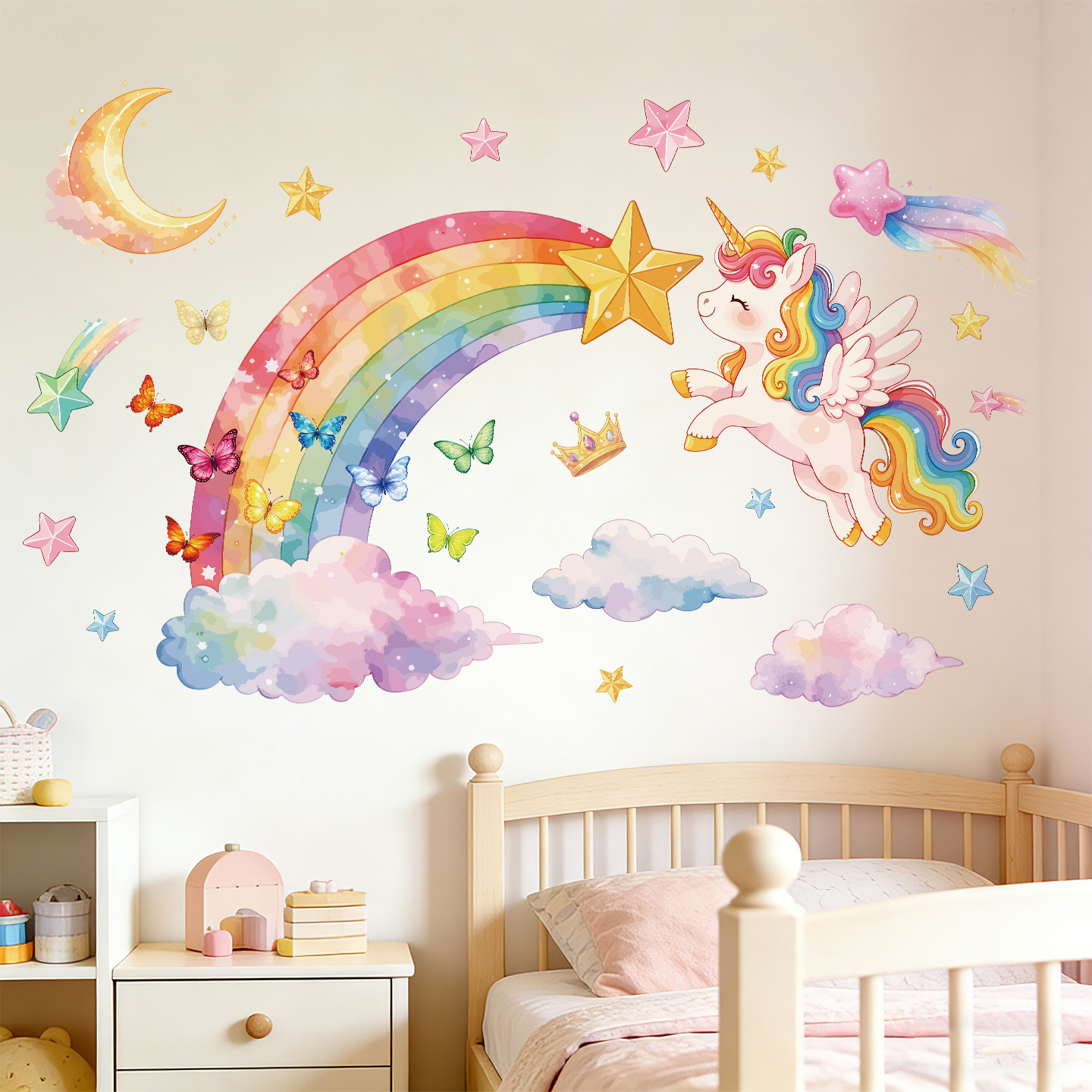 Baby Nursery Wall Mural - Unicorn Rainbow Butterfly Wall Stickers For