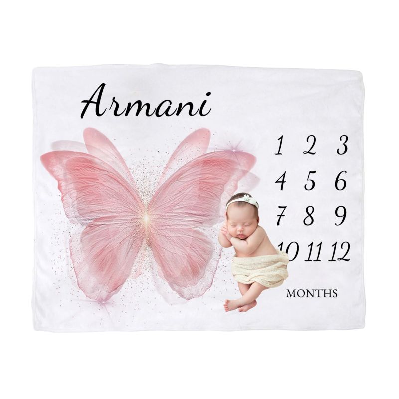 Baby Nursery Unisex - VIKAMA Pink Butterfly Baby Milestone Blanket,