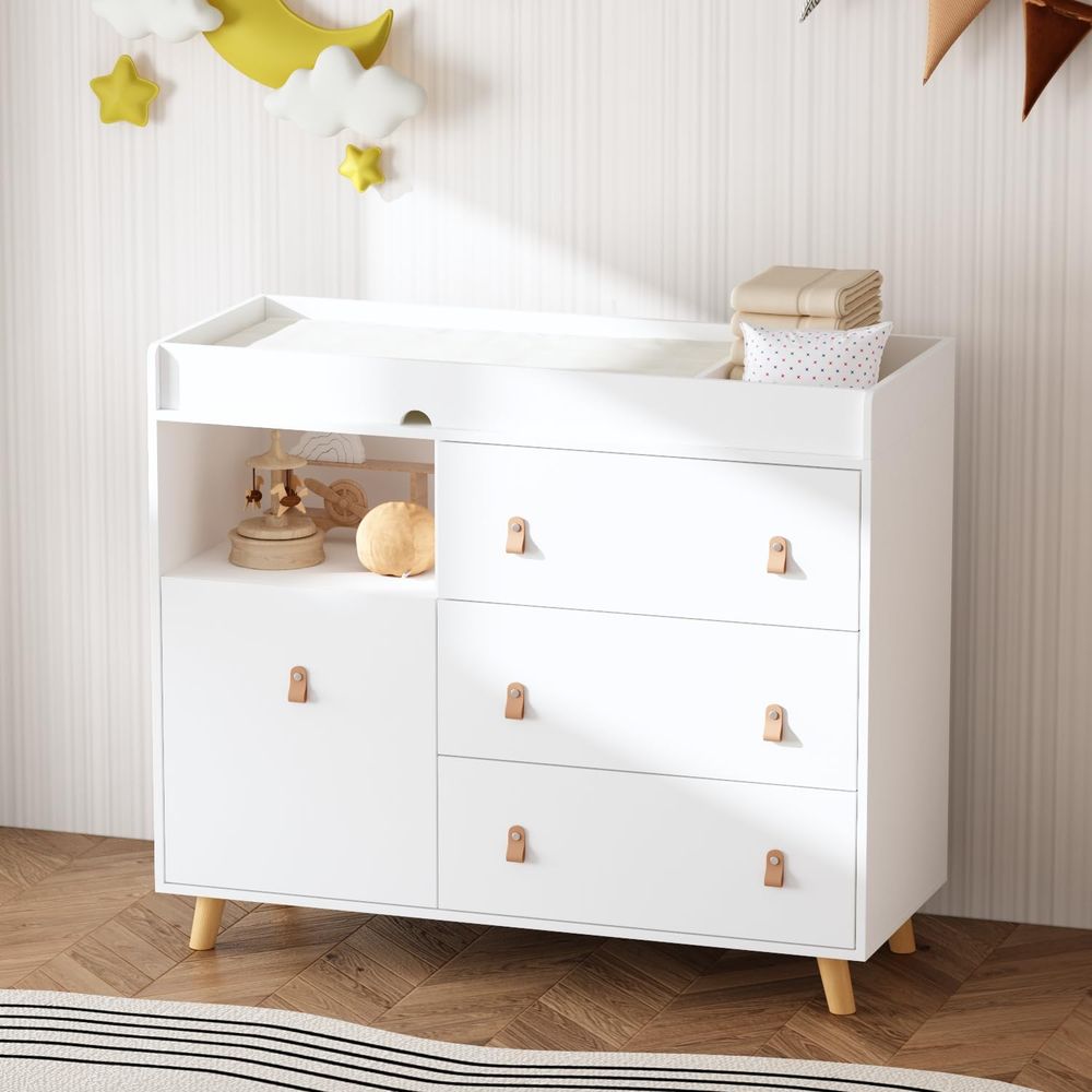 Baby Nursery Table - White 4-Drawer Nursery Dresser with Removable