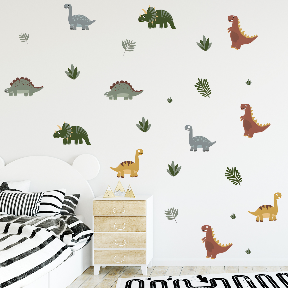 Baby Nursery Wall Mural - Cartoon Cute Dinosaur Leaf Animal Wall