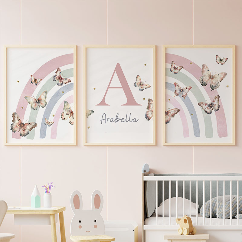 Baby Nursery Kids - Pink Rainbow Butterfly Custom Baby Name
