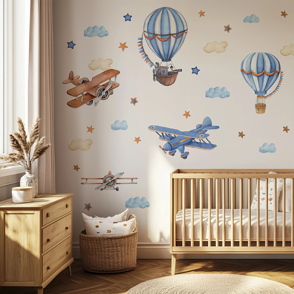 Baby Nursery Wall Mural - Cartoon Airplanes Hot Airballoon Wall Stickers