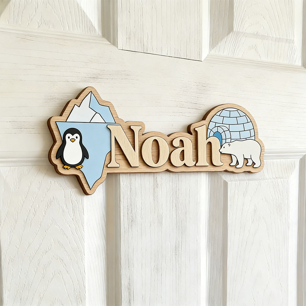 Arctic Penguin & Polar Bear Cu - Baby Nursery Name Sign reseña y precio
