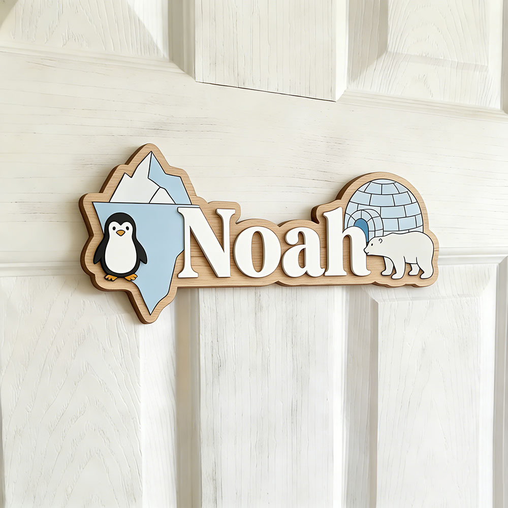 Arctic Penguin & Polar Bear Cu - Baby Nursery Name Sign reseña y precio