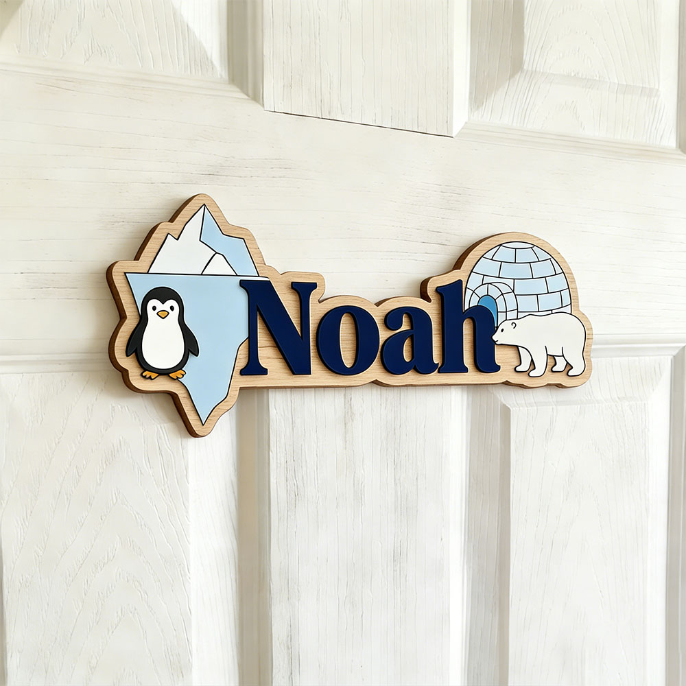 Arctic Penguin & Polar Bear Cu - Baby Nursery Name Sign reseña y precio