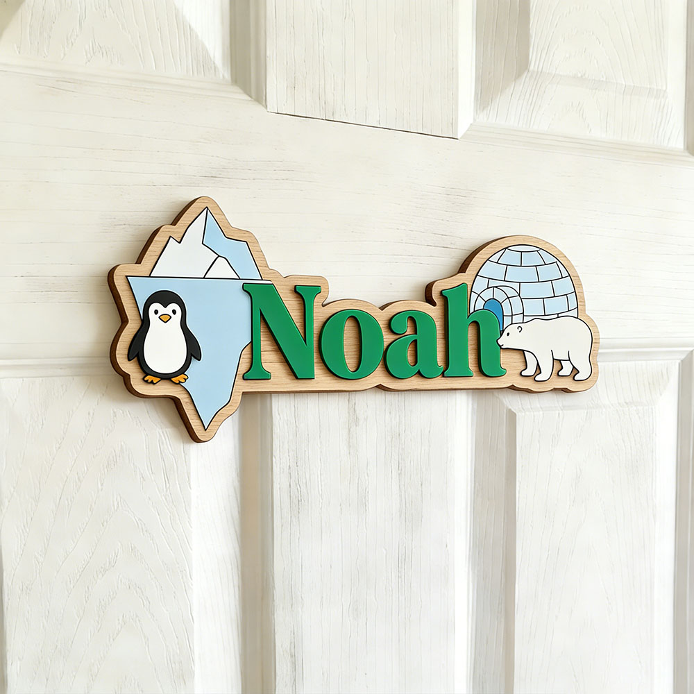 Arctic Penguin & Polar Bear Cu - Baby Nursery Name Sign reseña y precio