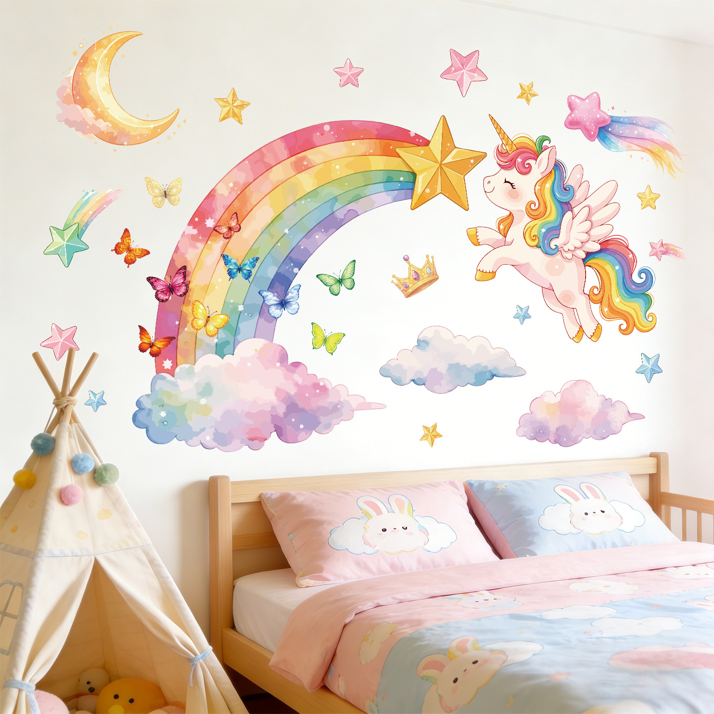 Unicorn Rainbow Butterfly Wall - Baby Nursery Wall Mural reseña y precio