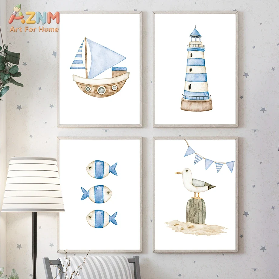 Sailboat Lighthouse Fish Nauti - Baby Nursery Kids reseña y precio