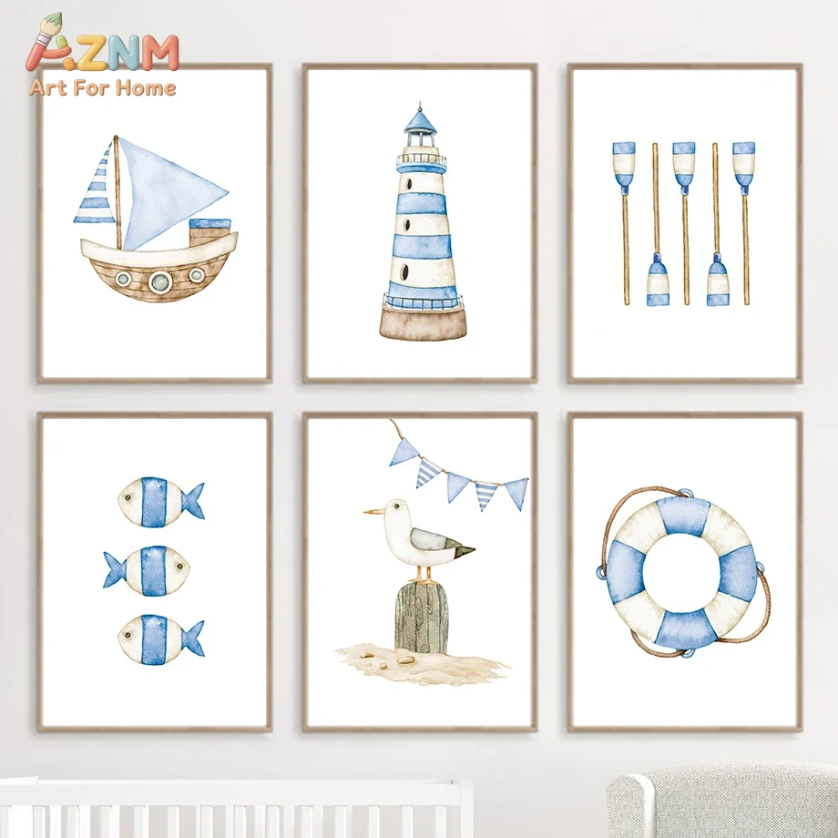 Sailboat Lighthouse Fish Nauti - Baby Nursery Kids reseña y precio