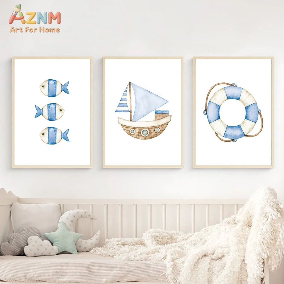 Sailboat Lighthouse Fish Nauti - Baby Nursery Kids reseña y precio