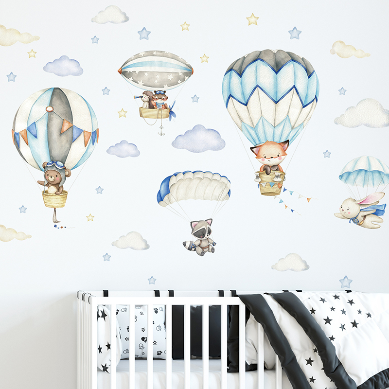 Cartoon Cute Animals Hot Air B - Baby Nursery Wall Mural reseña y precio
