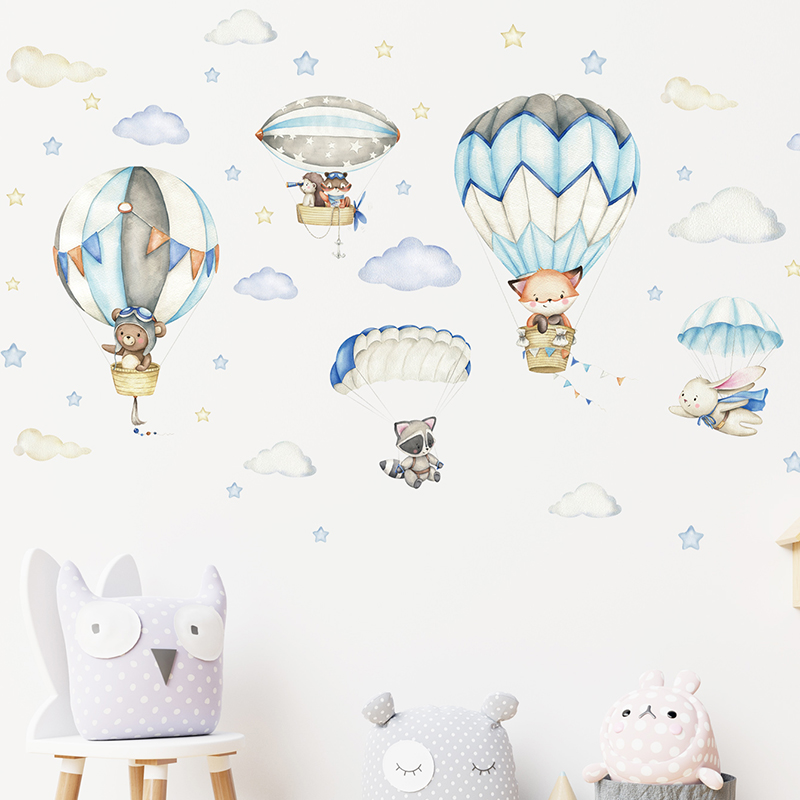 Cartoon Cute Animals Hot Air B - Baby Nursery Wall Mural reseña y precio