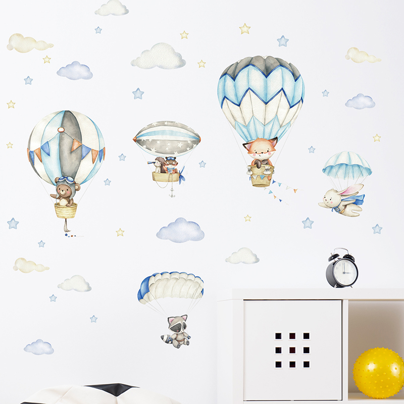 Cartoon Cute Animals Hot Air B - Baby Nursery Wall Mural reseña y precio