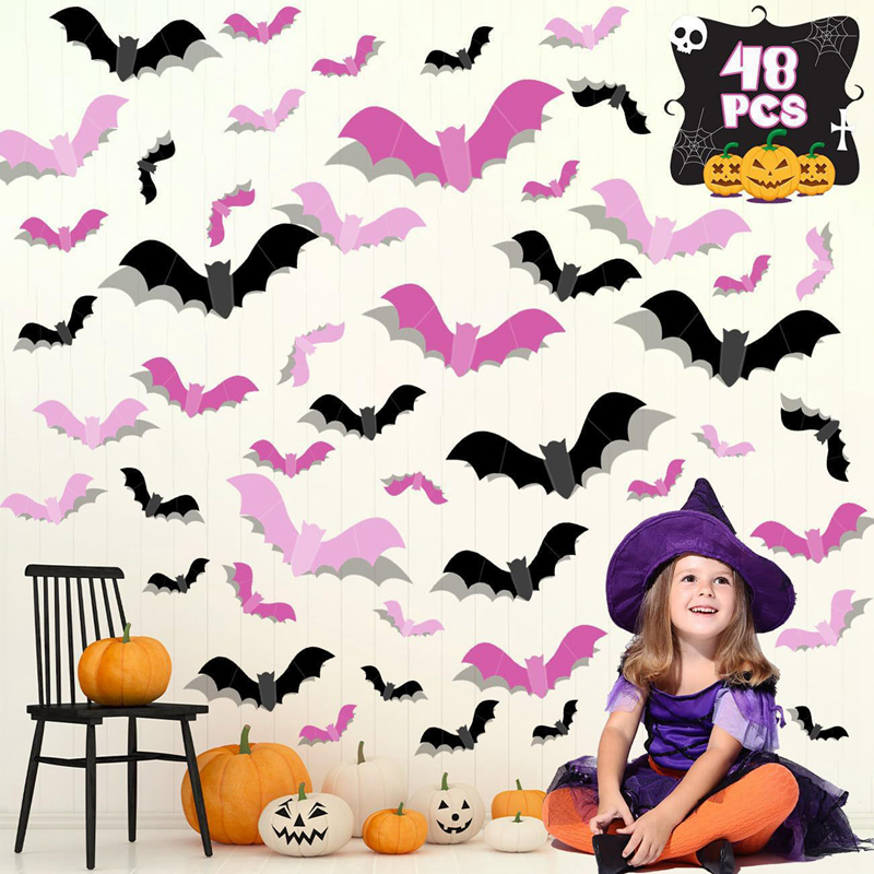 24/48Pcs Halloween Pink Bats W - Baby Nursery Wall Mural reseña y precio