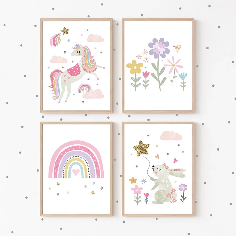 Pink Unicorn Rabbit Rainbow Cl - Baby Nursery Art reseña y precio