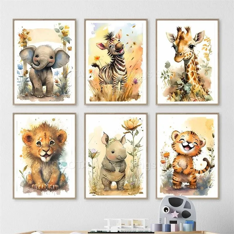 Watercolor Lion Giraffe Tiger  - Baby Nursery Kids reseña y precio